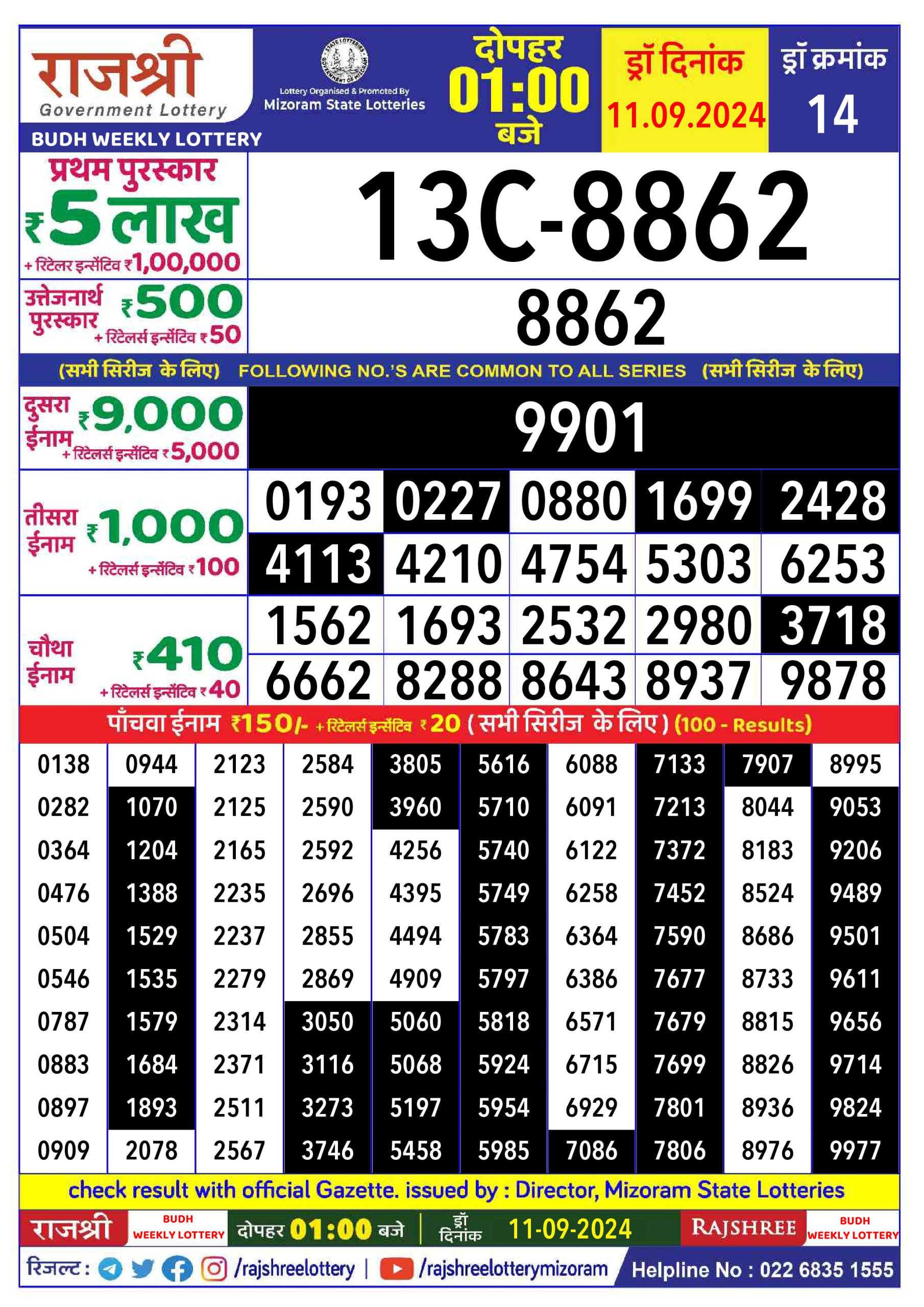 Rajshree  Daily Lottery 1PM Result 11 sept 24