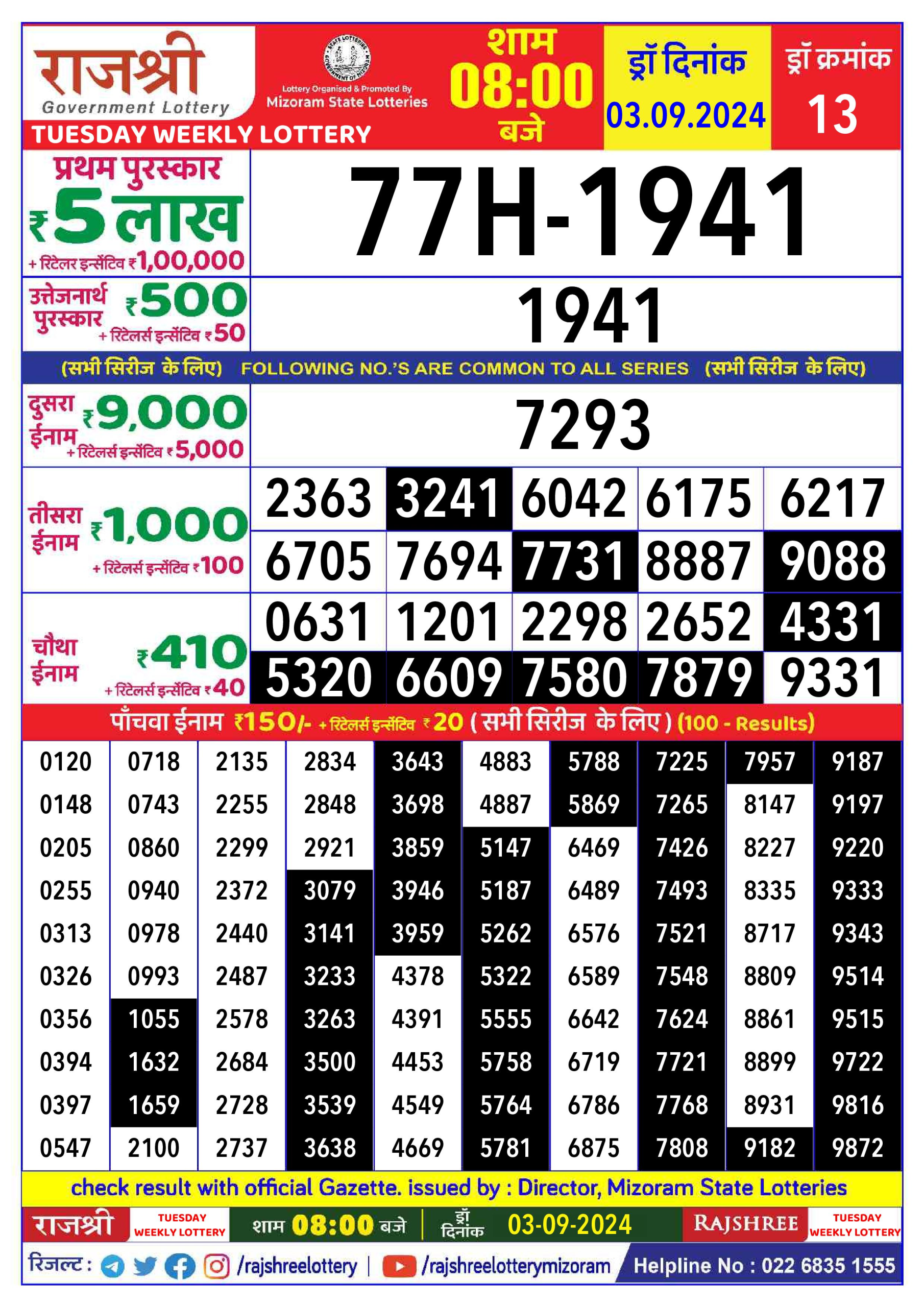 Rajshree  Daily Lottery 8PM Result 3 sept 24