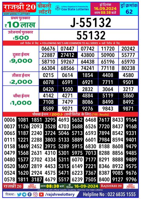 Rajshree 20 Lottery Result 8:30PM 16.09.24