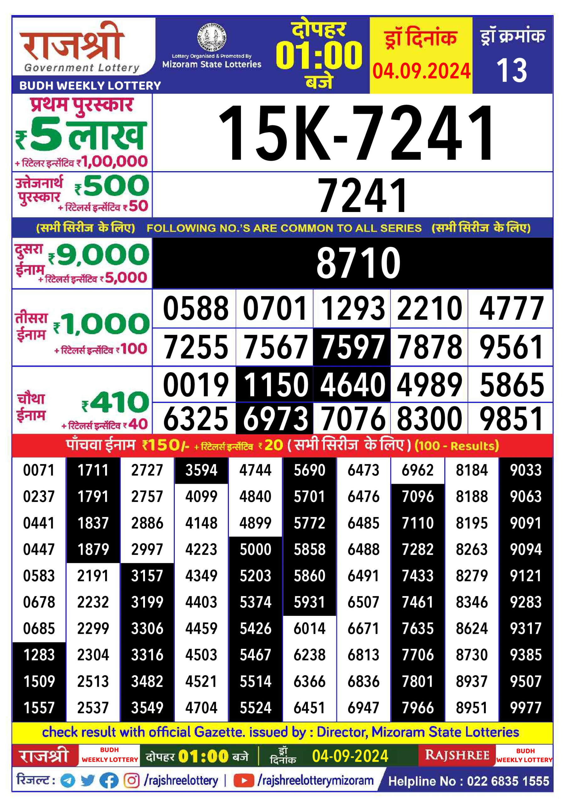 Rajshree  Daily Lottery 1PM Result 4 sept 24