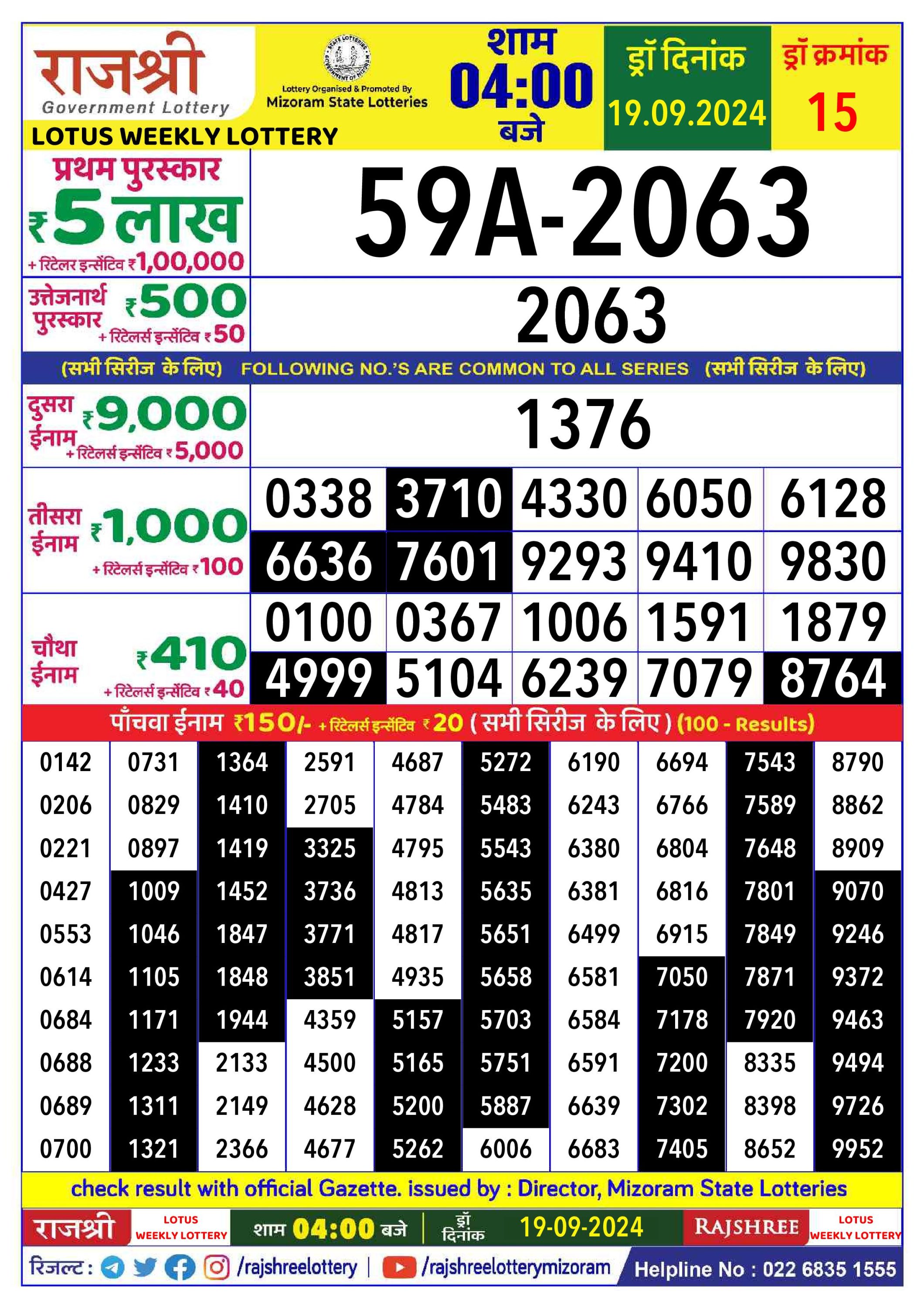 Rajshree  Daily Lottery 4PM Result 19 sept 24