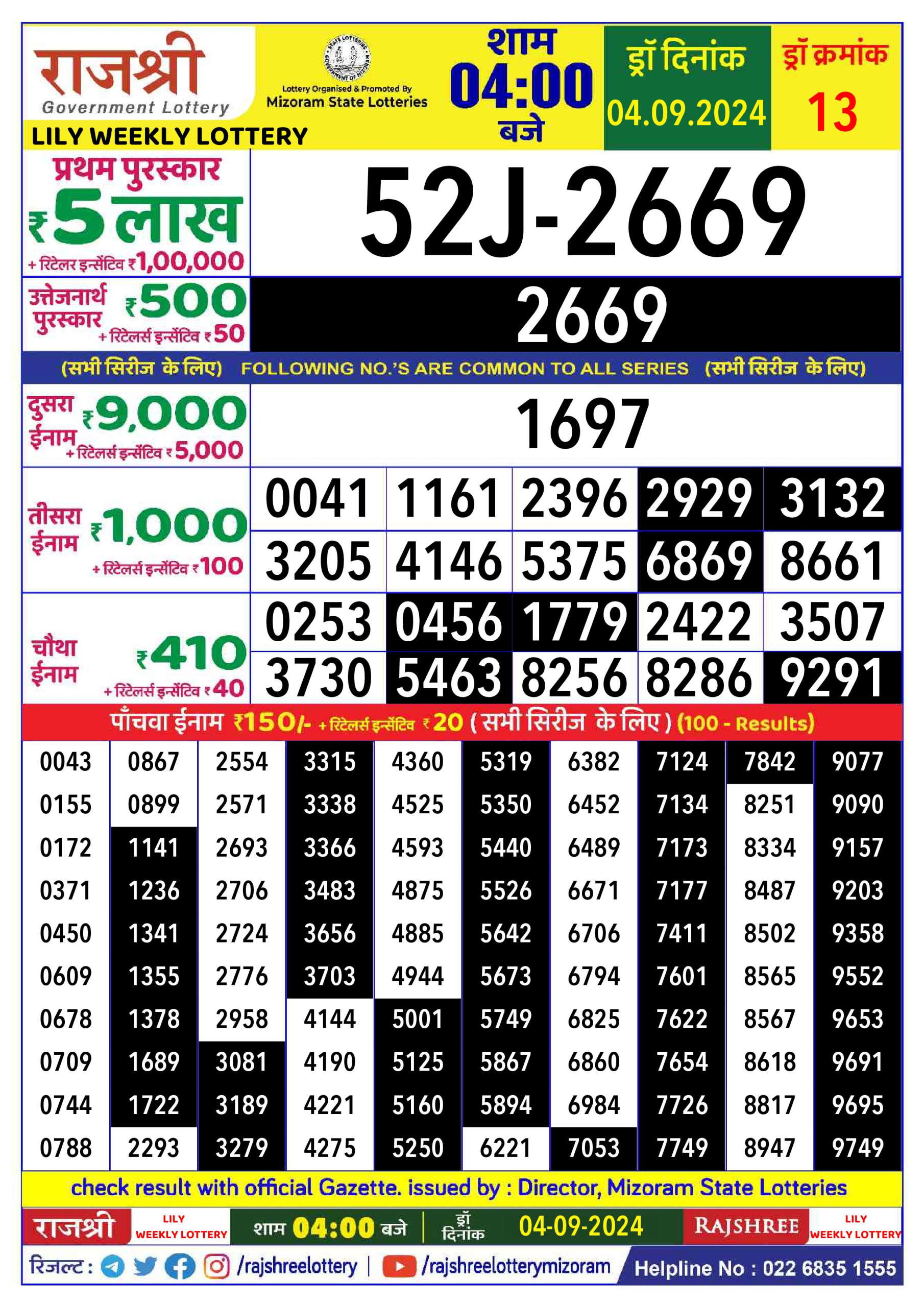 Rajshree  Daily Lottery 4PM Result 4 sept 24