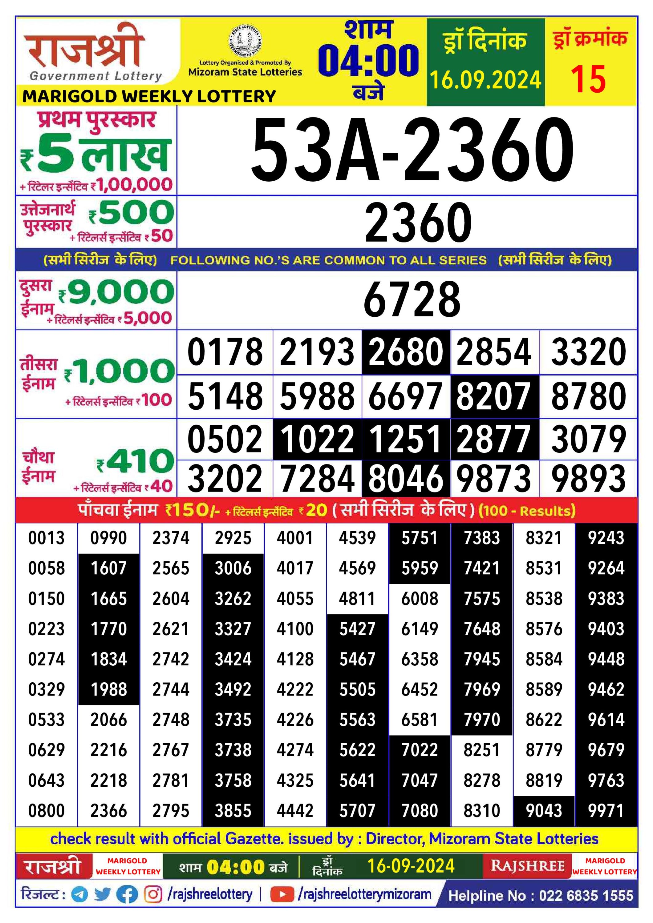 Rajshree  Daily Lottery 4PM Result 16 sept 24