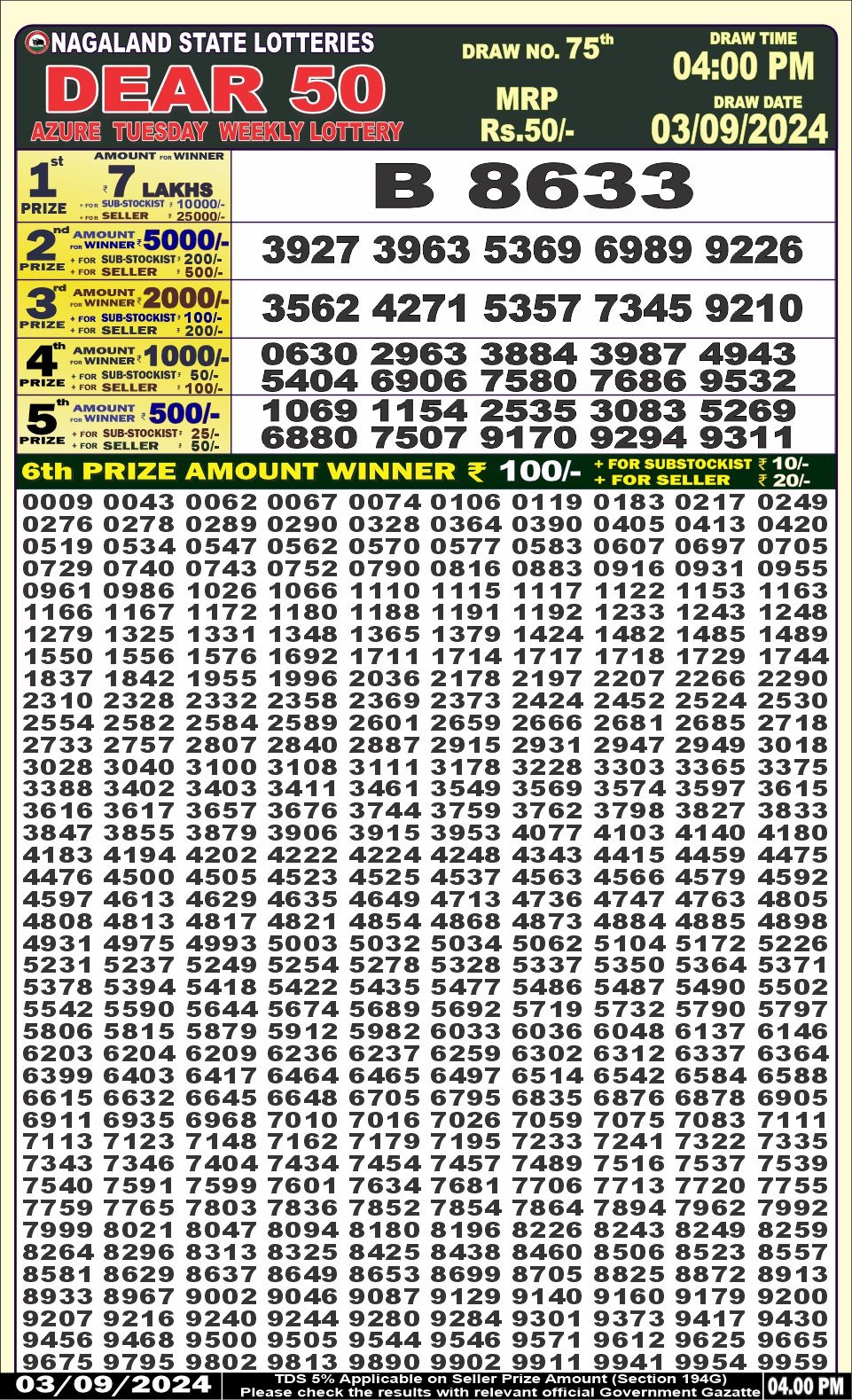 Dear 50 lottery 4pm result 3.9.24