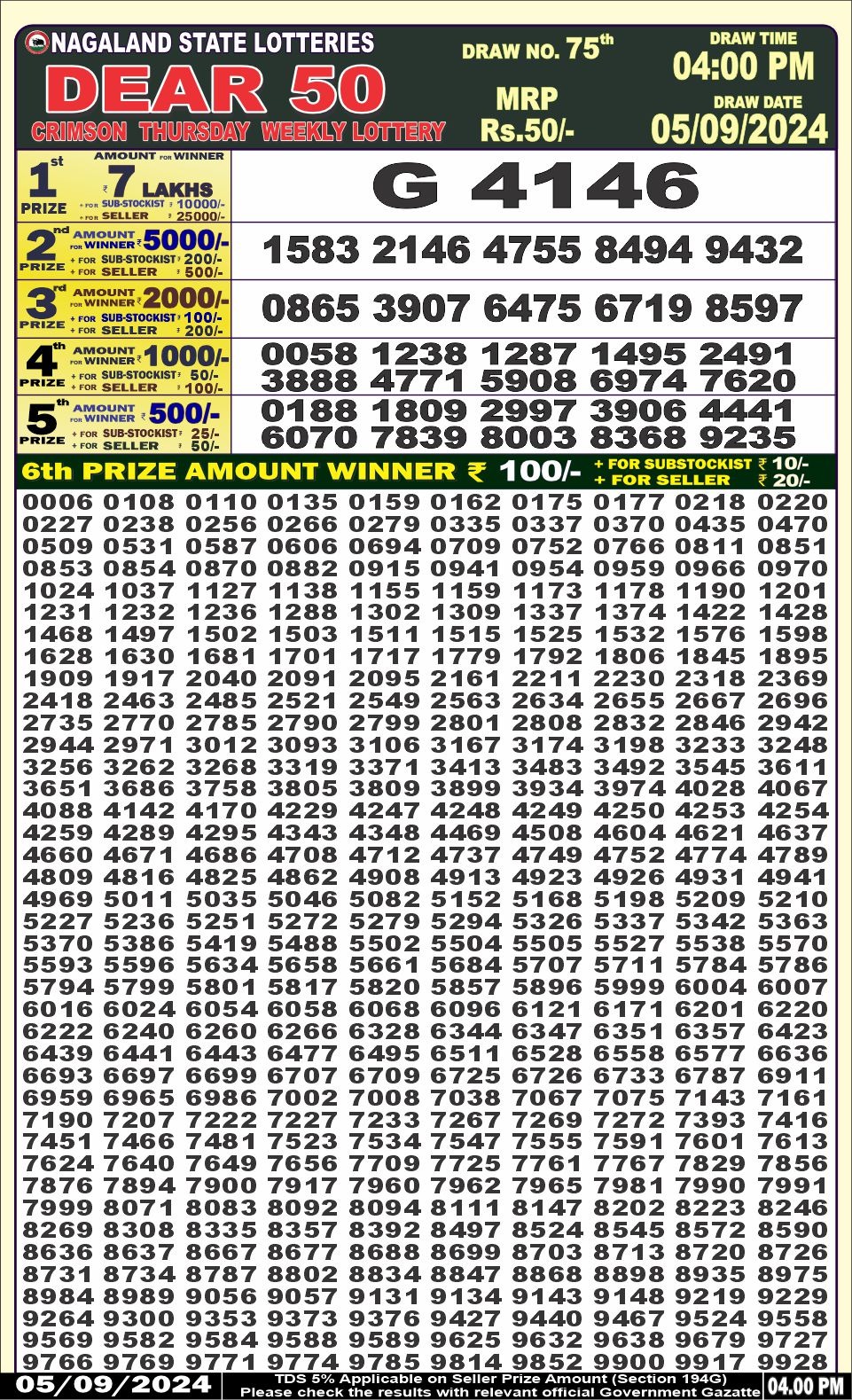 Dear 50 lottery 4pm result 5.9.24