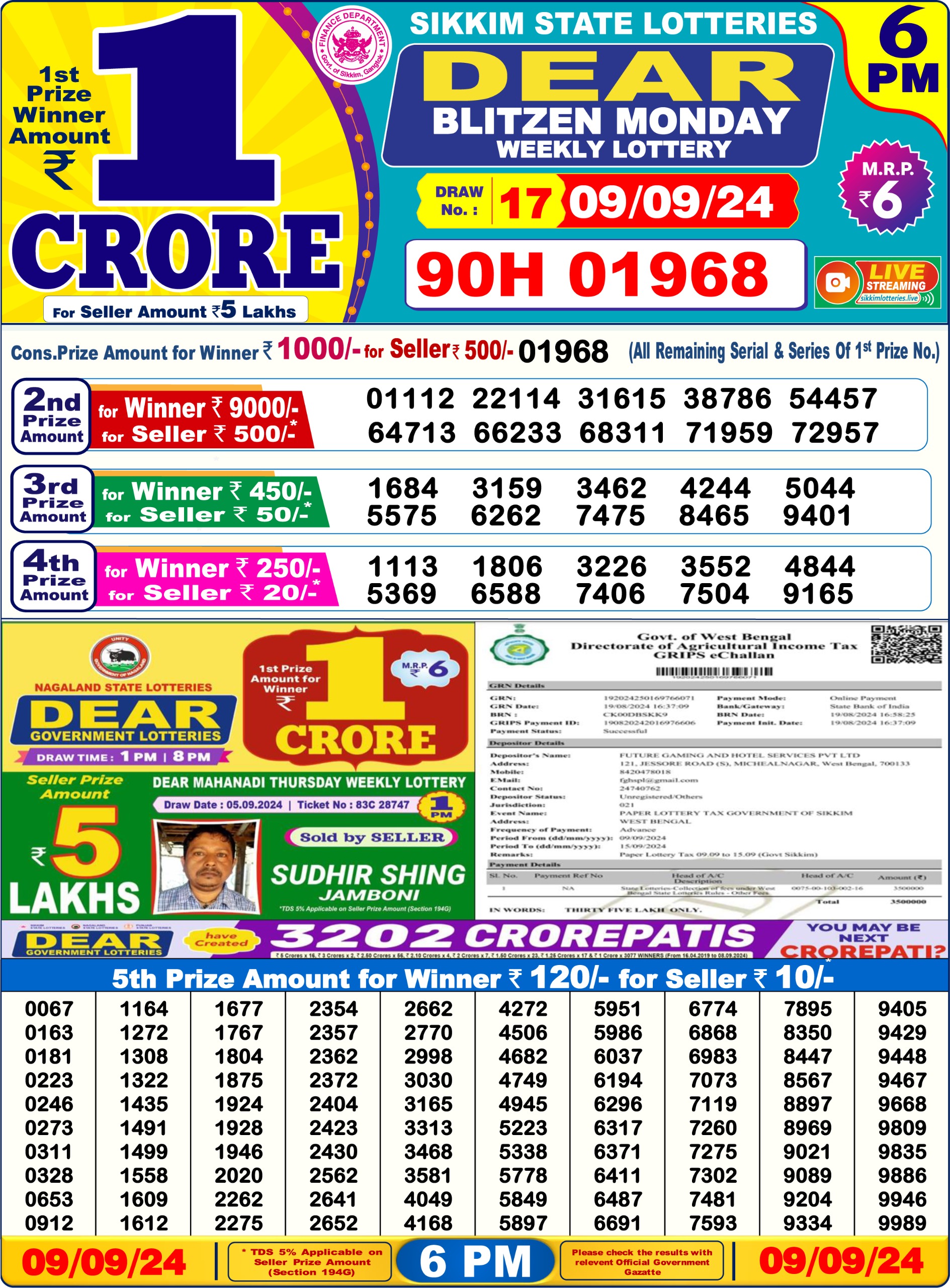 Dear lottery result 6pm result 9 sept  24