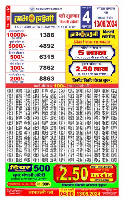 Labh laxmi 4pm lottery result 13 sept  2024