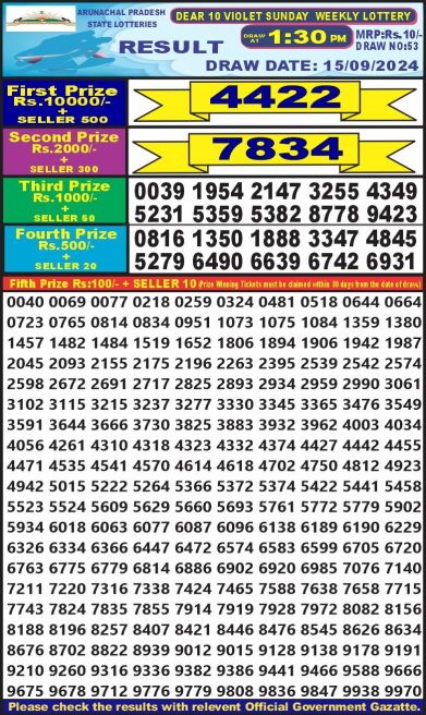 Dear 10 lottery 1:30pm result 15.09.24