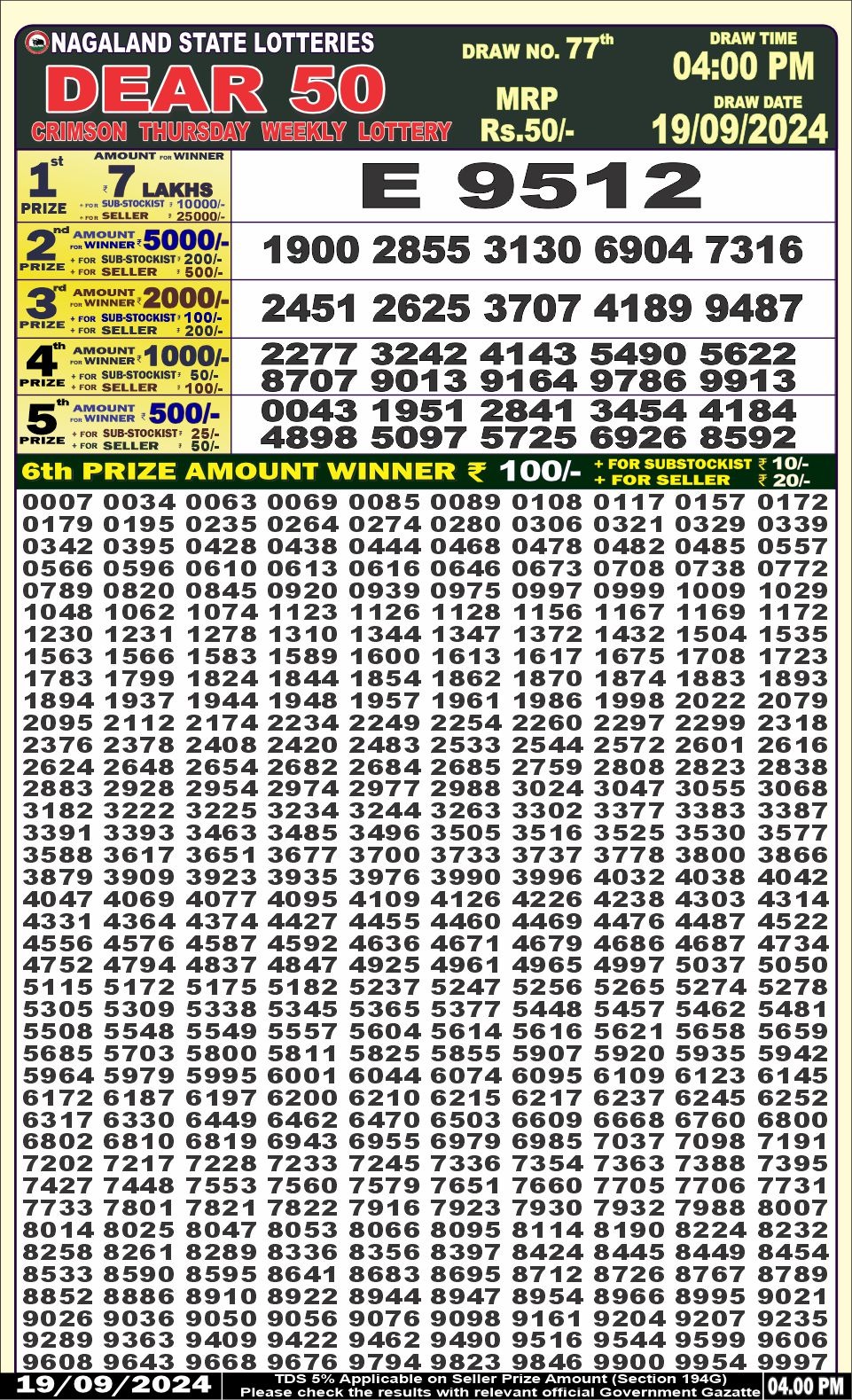 Dear 50 lottery 4pm result 19.9.24