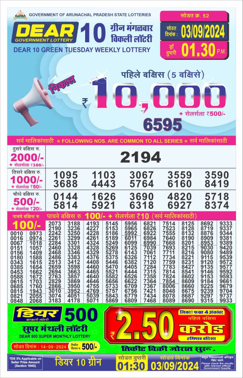 Dear 10  lottery 1:30pm result 3.9.24