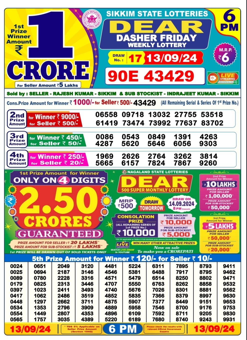 Dear lottery result 6pm result 13 sept  24