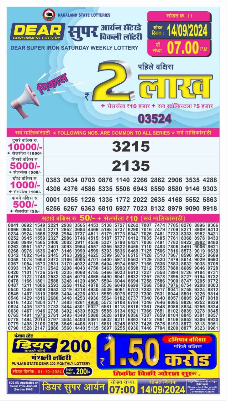 Dear super lottery result 14 sept 24