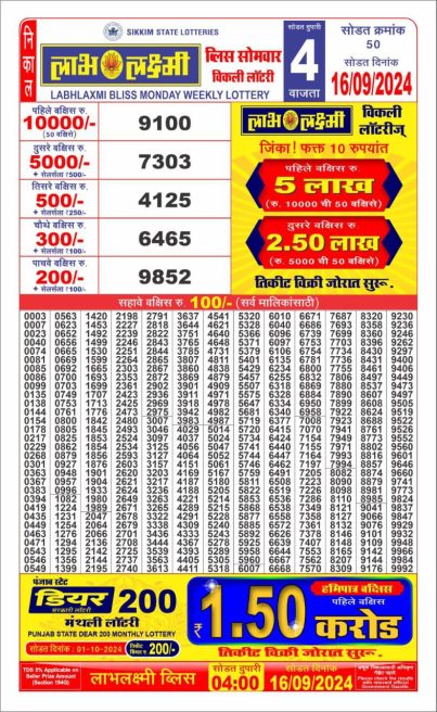 Labh laxmi 4pm lottery result 16 sept  2024