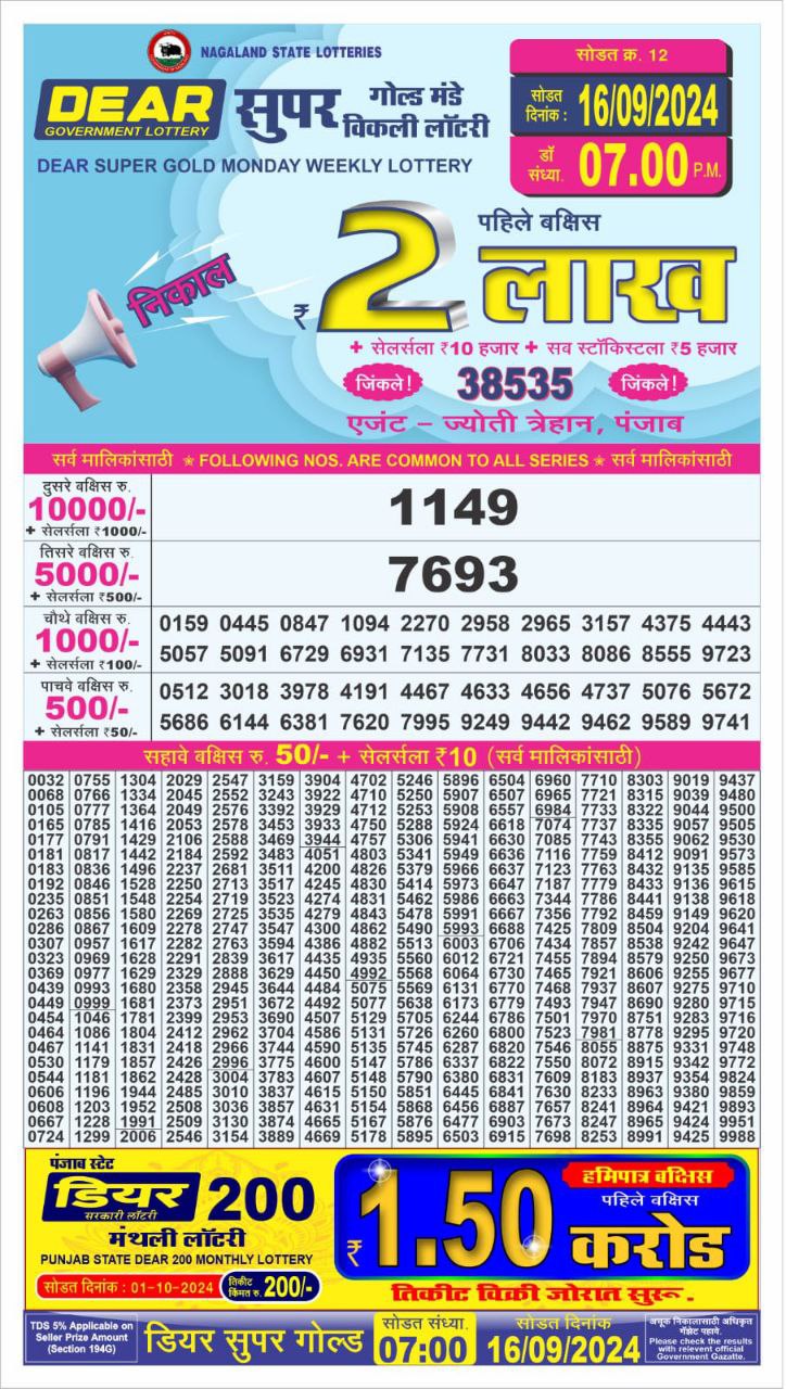 Dear super lottery result 16 sept 24