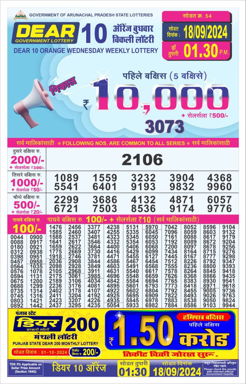 Dear 10 lottery 1:30pm result 18.09.24