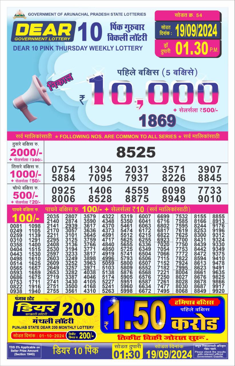 Dear 10 lottery 1:30pm result 19.09.24