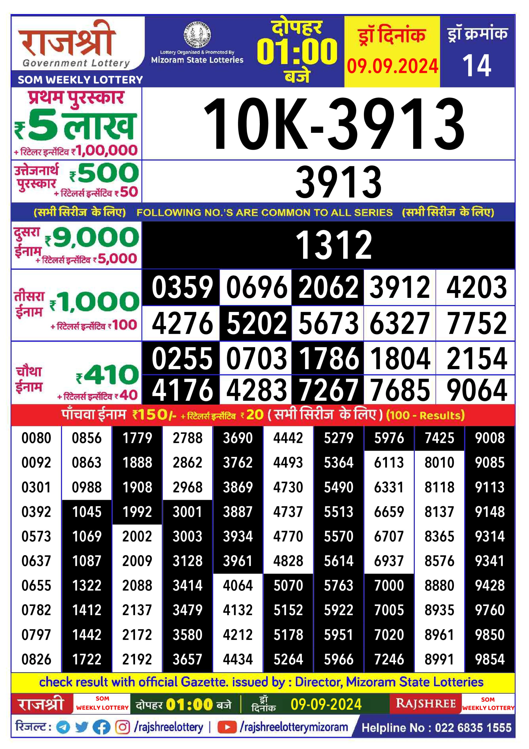 Rajshree  Daily Lottery 1PM Result 9 sept 24