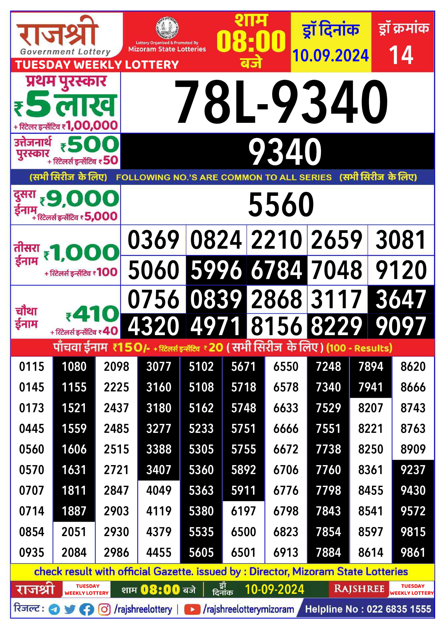 Rajshree  Daily Lottery 8PM Result 10 sept 24