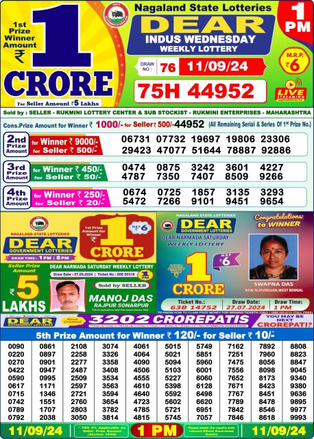 Dear  Lottery 1PM Result 11 sept 24