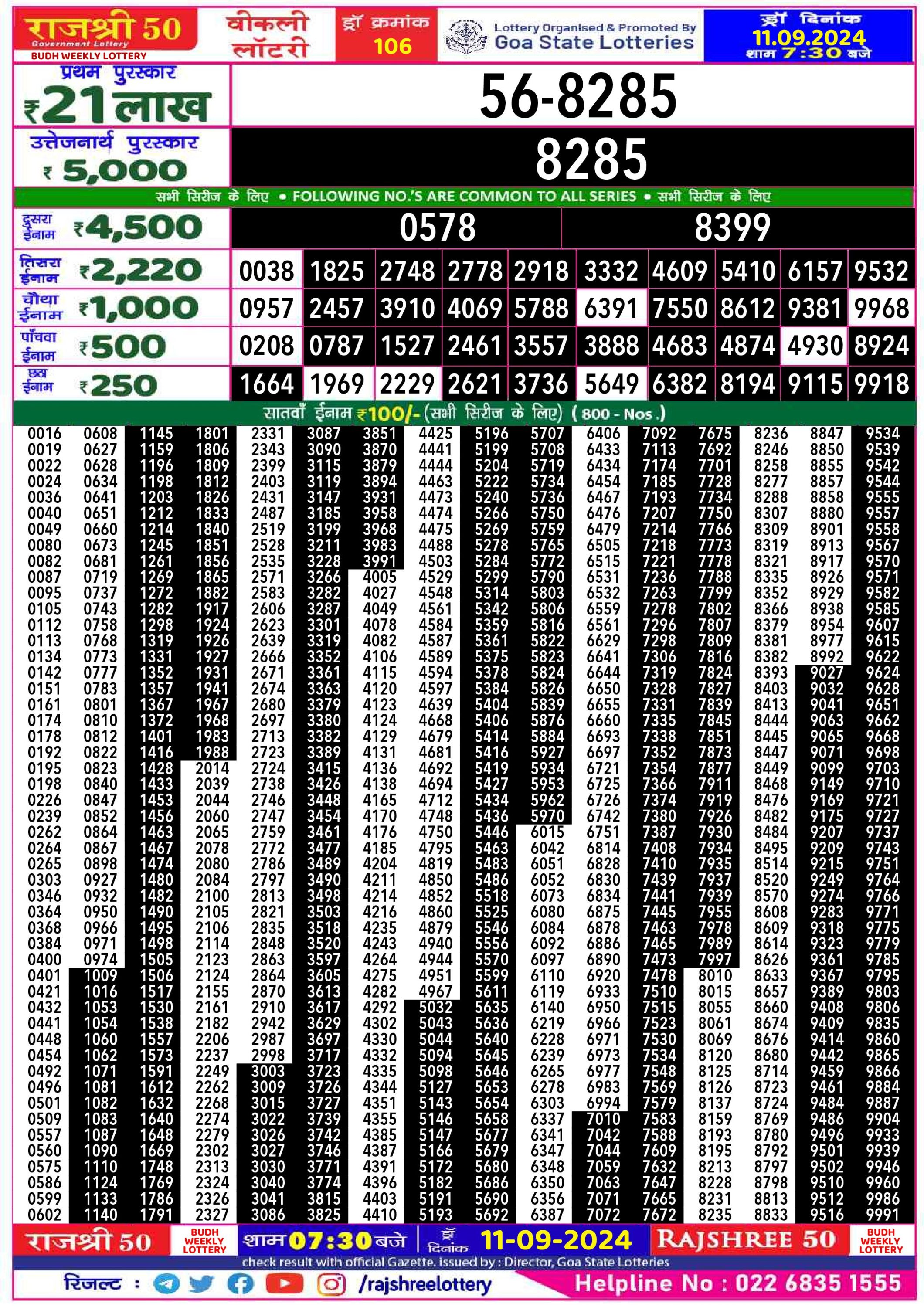 Rajshree 50 Lottery Result 7:30PM 11.09.24