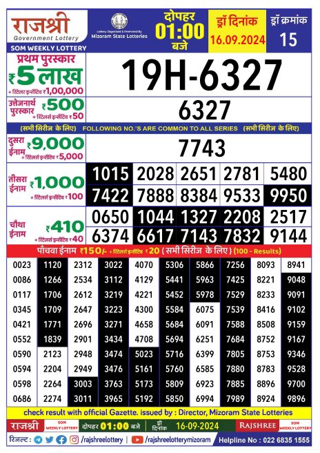 Rajshree  Daily Lottery 1PM Result 16 sept 24