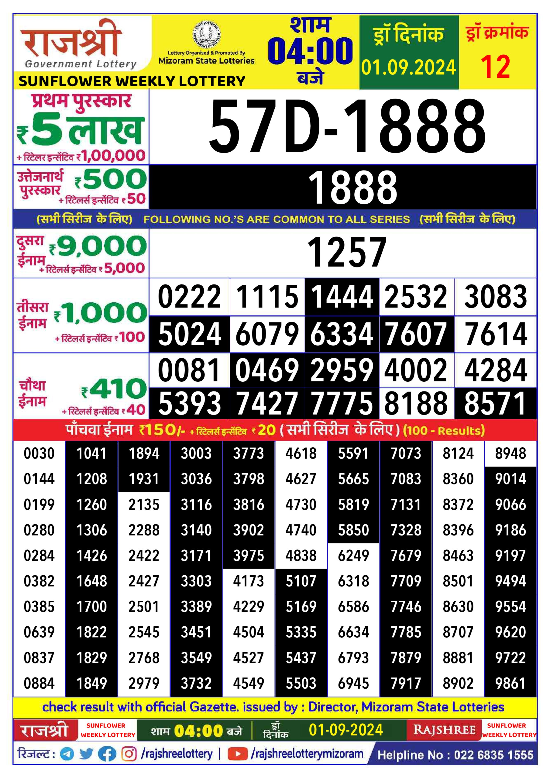 Rajshree  Daily Lottery 4PM Result 1 sept 24