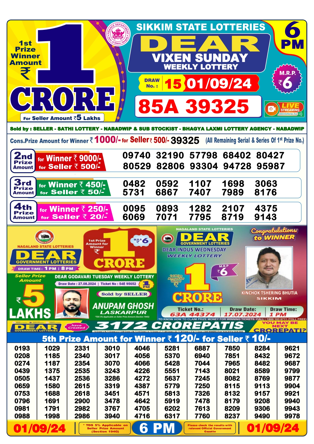 Dear lottery result 6pm result 1 sept  24