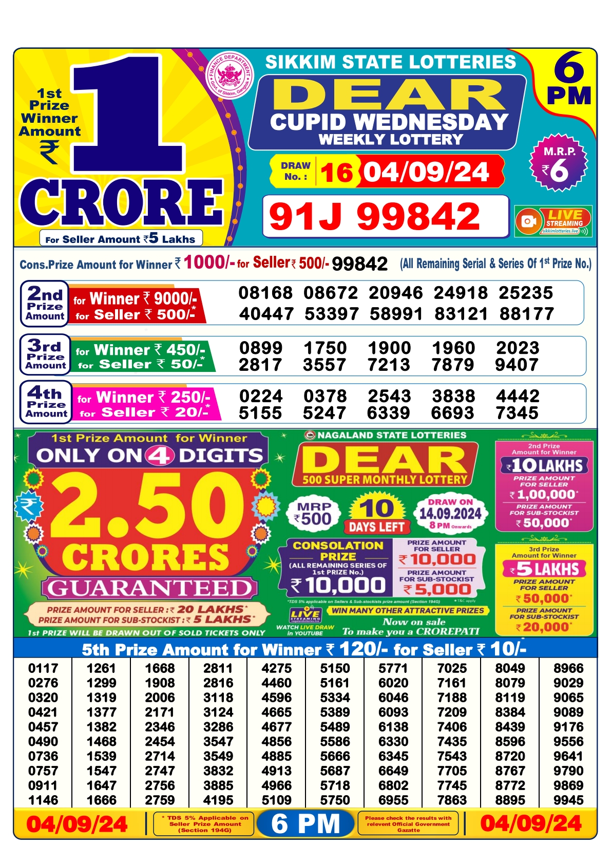 Dear lottery result 6pm result 4 sept  24