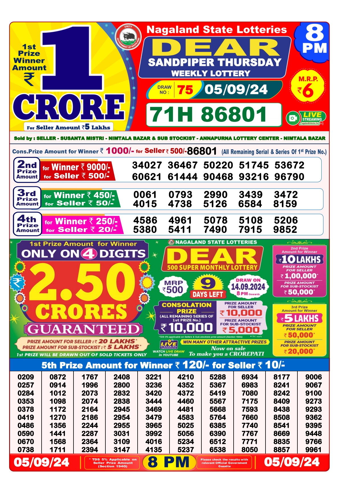 Dear Lottery 8PM Result 5 sept 24