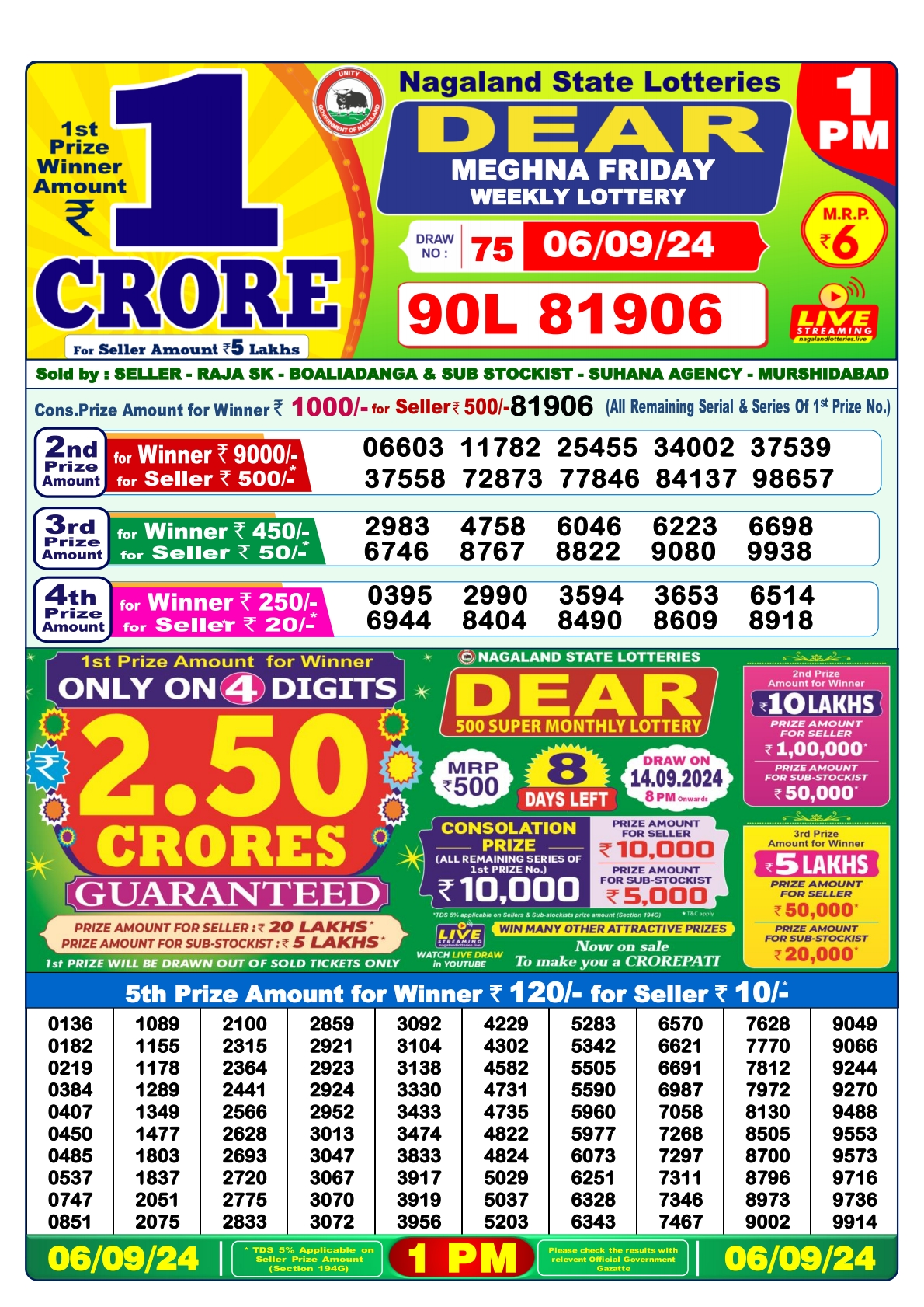 Dear  Lottery 1PM Result 6 sept 24