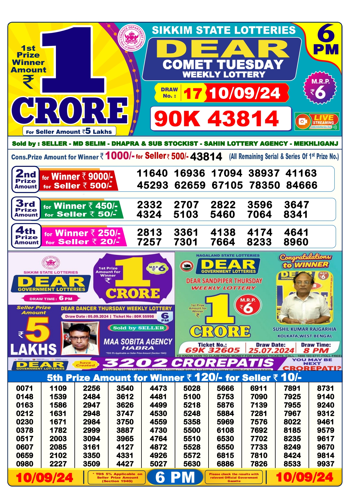 Dear lottery result 6pm result 10 sept  24