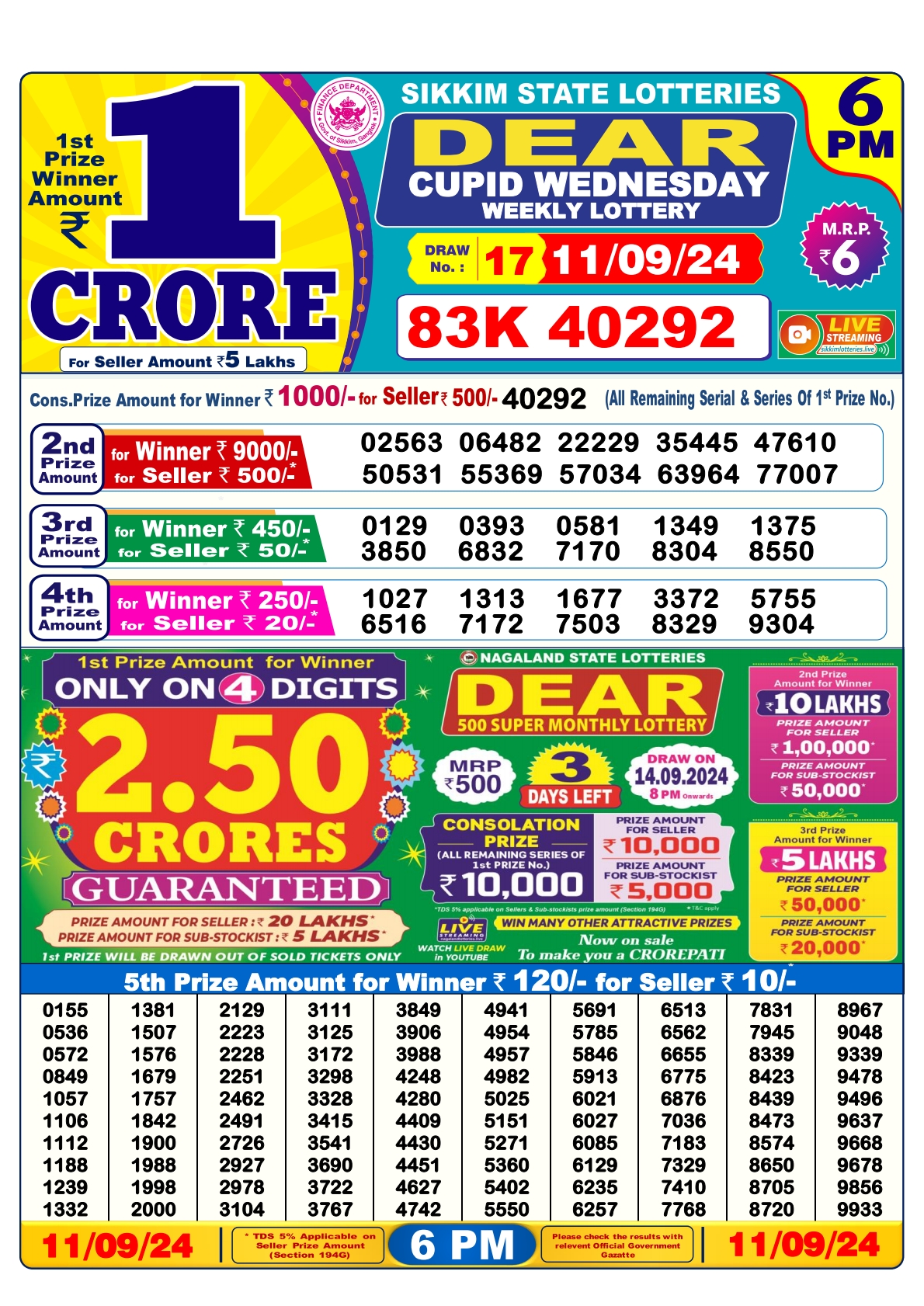 Dear lottery result 6pm result 11 sept  24