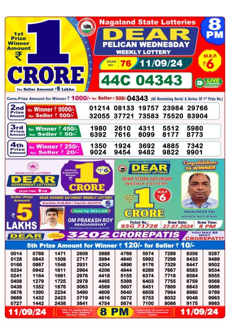 Dear Lottery 8PM Result 11 sept 24