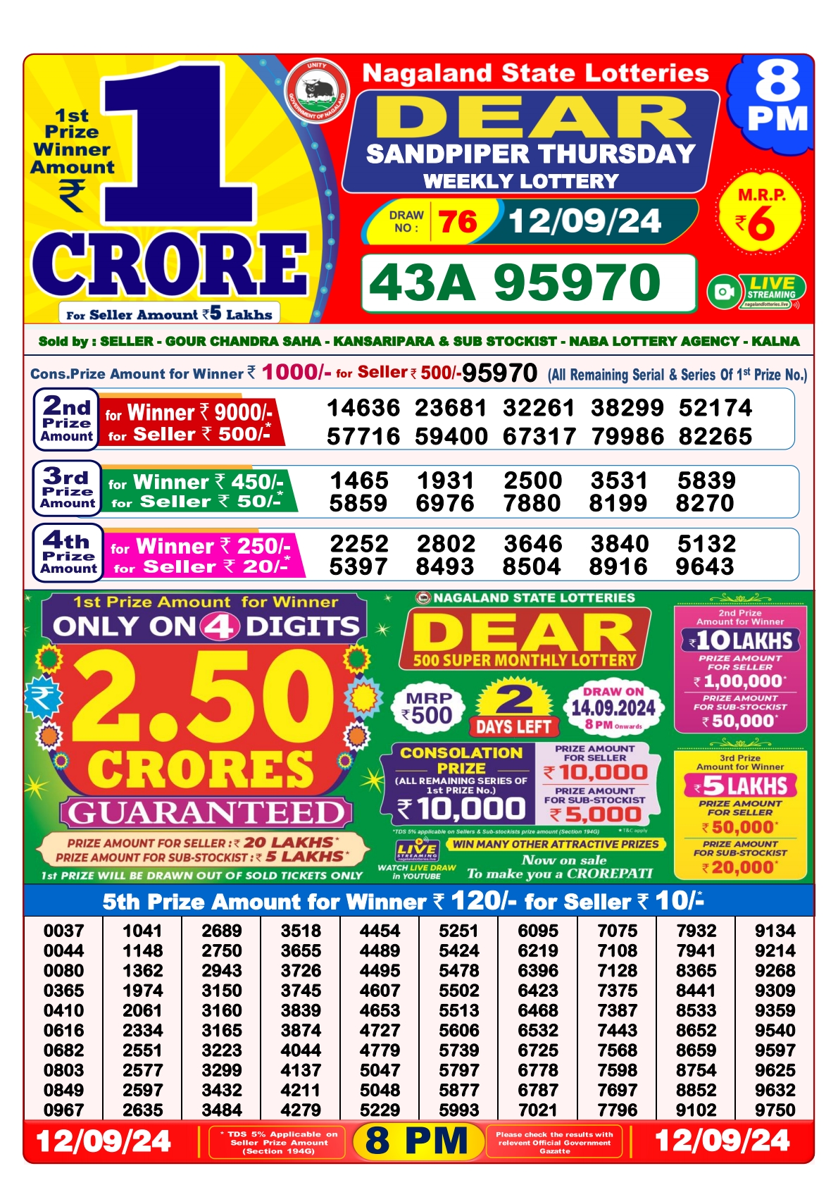 Dear Lottery 8PM Result 12 sept 24