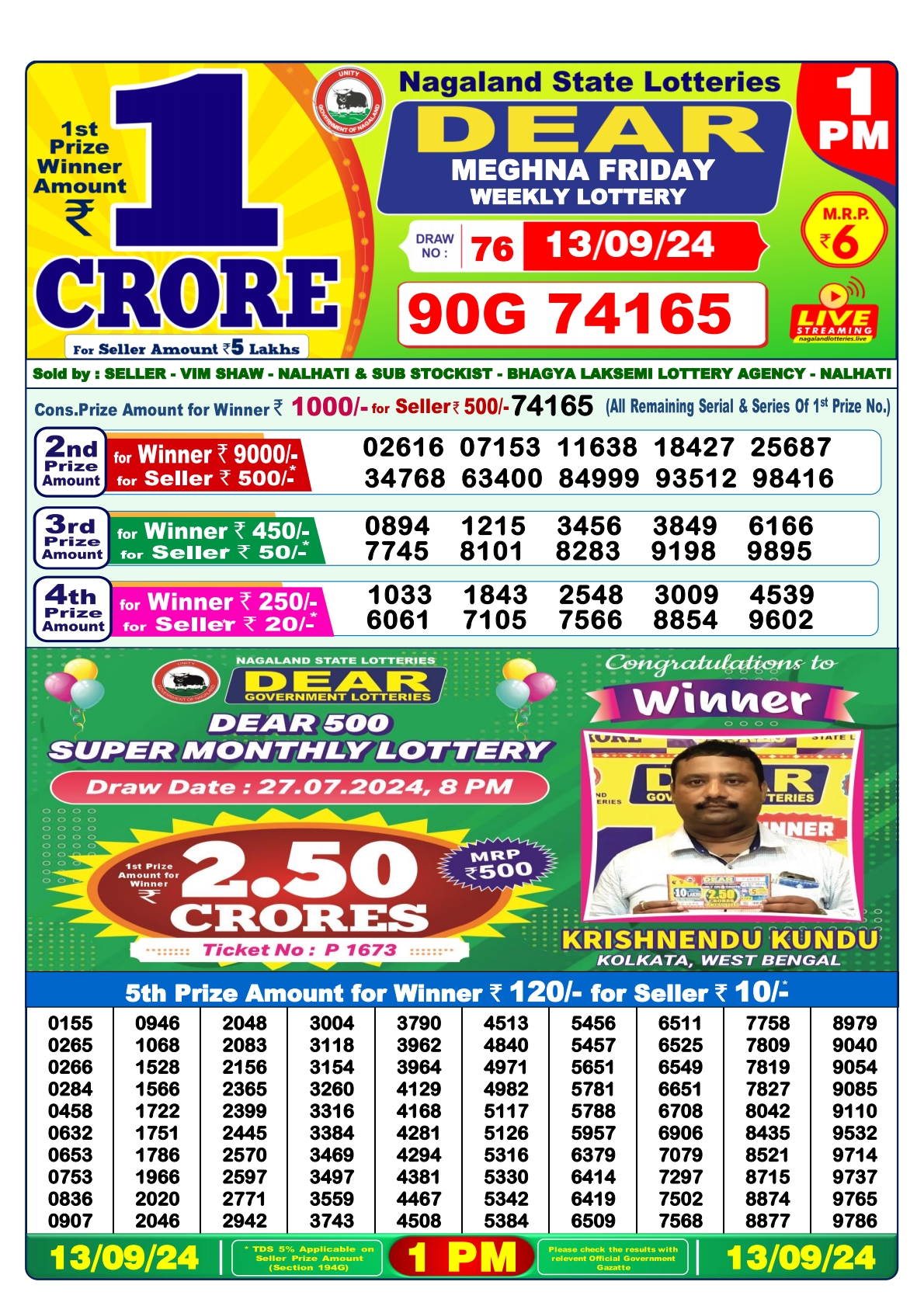 Dear  Lottery 1PM Result 13 sept 24