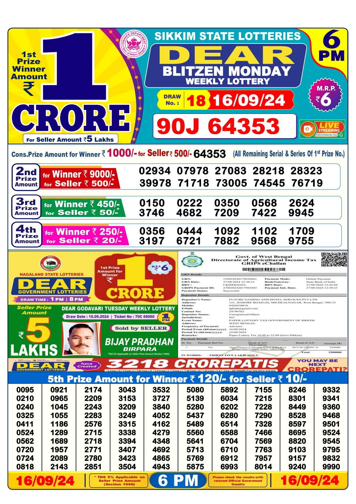 Dear lottery result 6pm result 16 sept  24