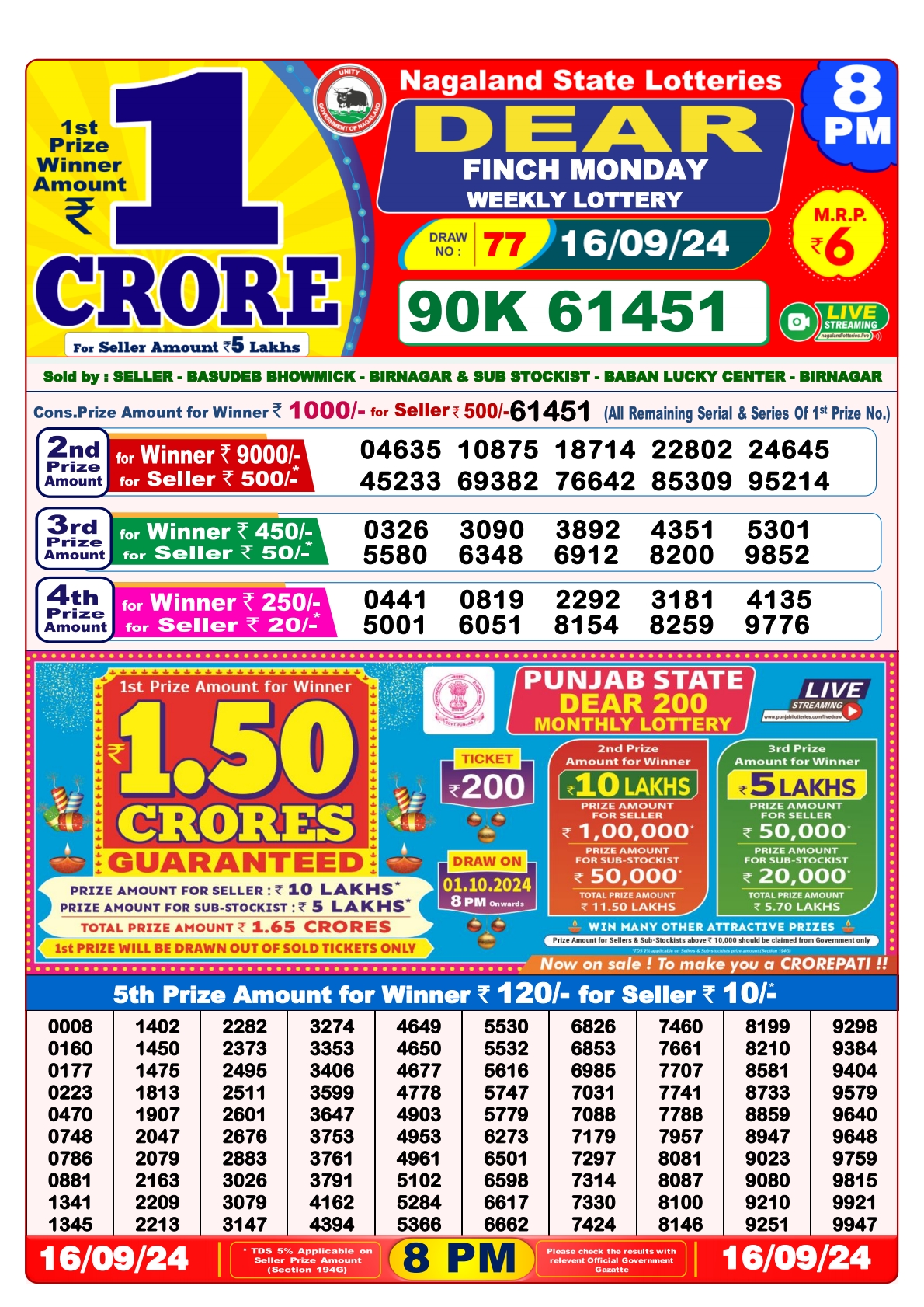 Dear Lottery 8PM Result 16 sept 24