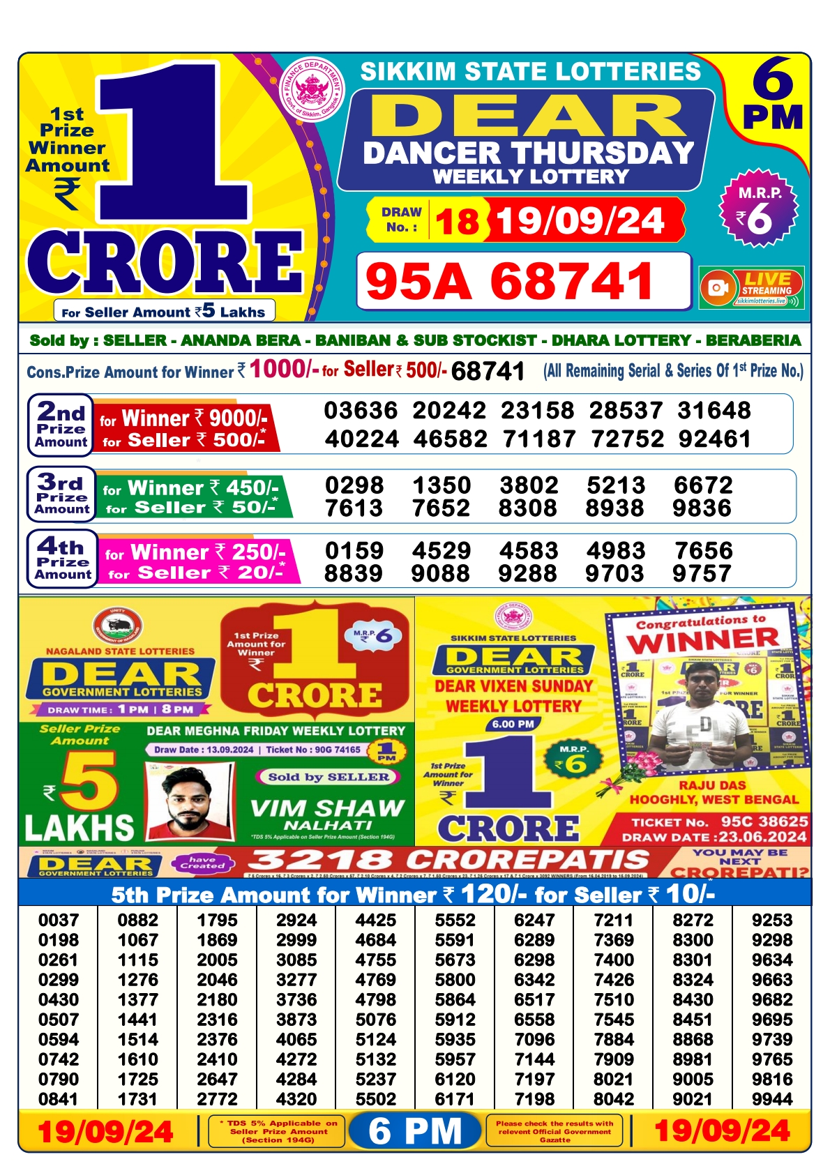 Dear lottery result 6pm result 19 sept  24