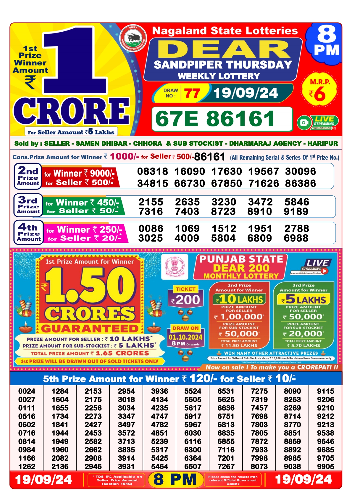 Dear Lottery 8PM Result 19 sept 24