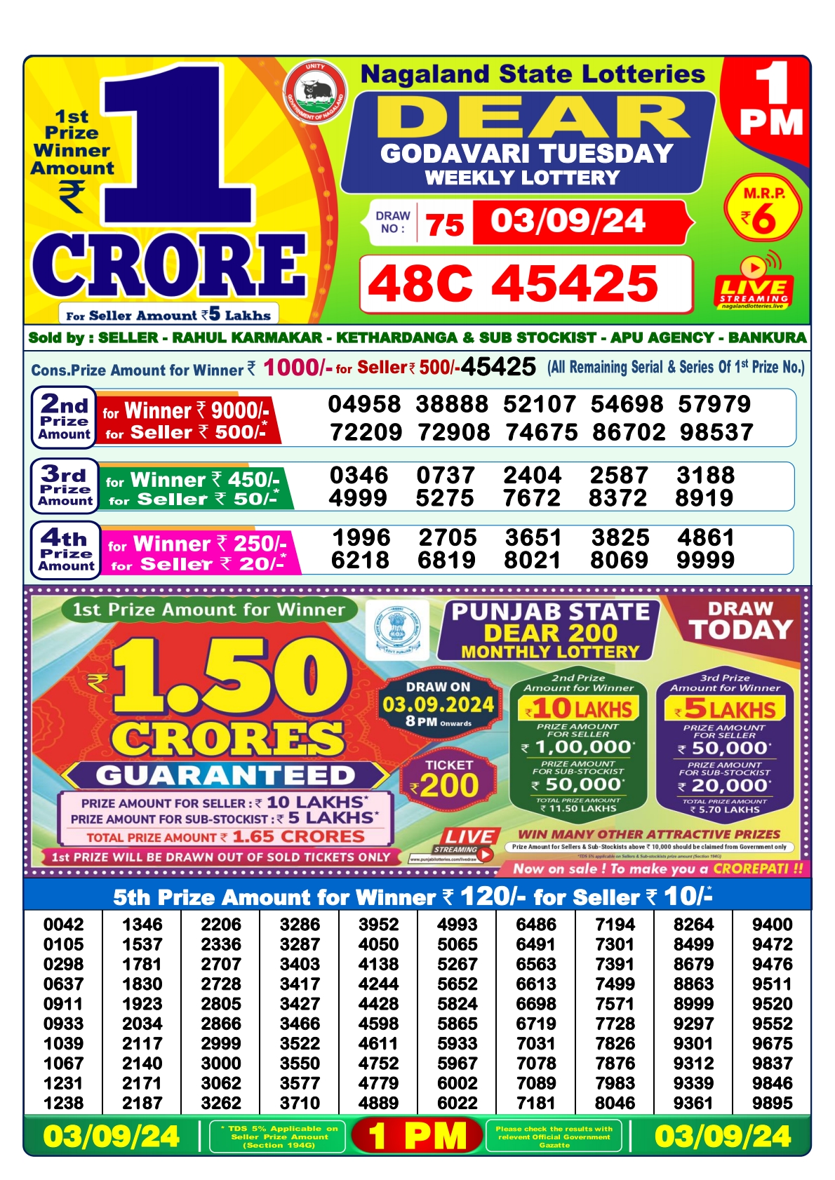 Dear  Lottery 1PM Result 3 sept 24