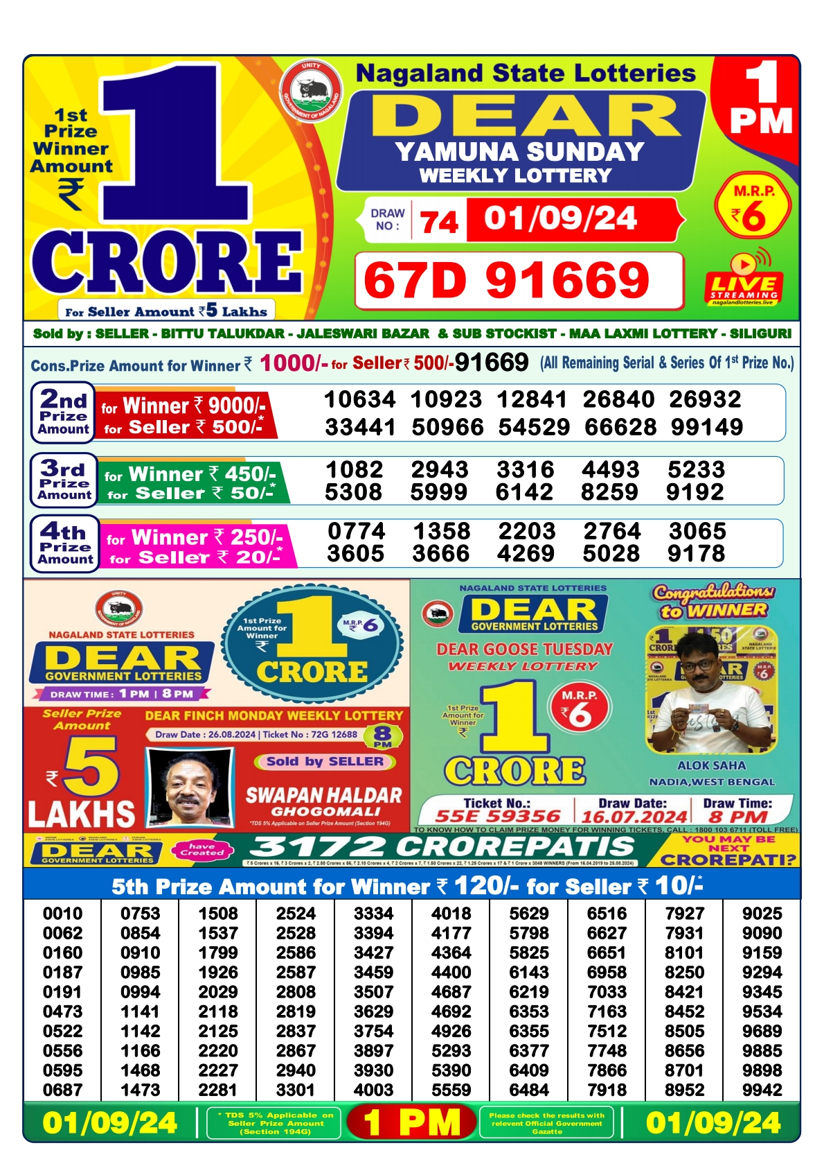 Dear  Lottery 1PM Result 1 sept 24